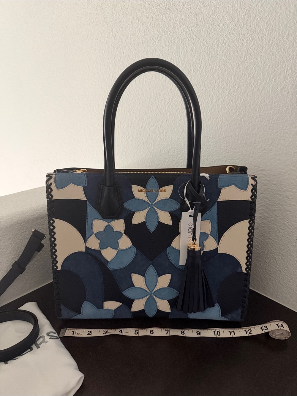 NWT Michael KorsMercer Navy Blue and Cream Floral Patchwork Tote